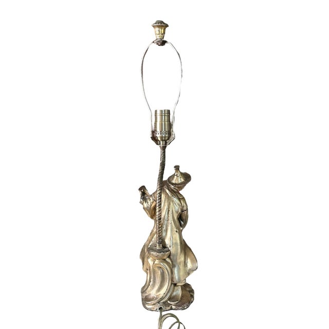 Metal Antique Chinoiserie Silver Gilt Figural Man With Coolie Hat Lamp For Sale - Image 7 of 8
