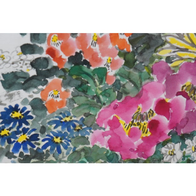 Vintage Zhongxiang Liu Chinese Chinoiserie Botanical Floral Watercolor Painting For Sale - Image 9 of 11