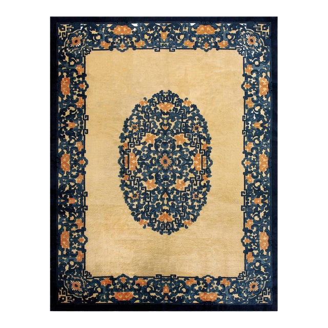 Superb Tan Beige and Blue Color With Chinoiserie Design Antique Chinese Peking Rug For Sale