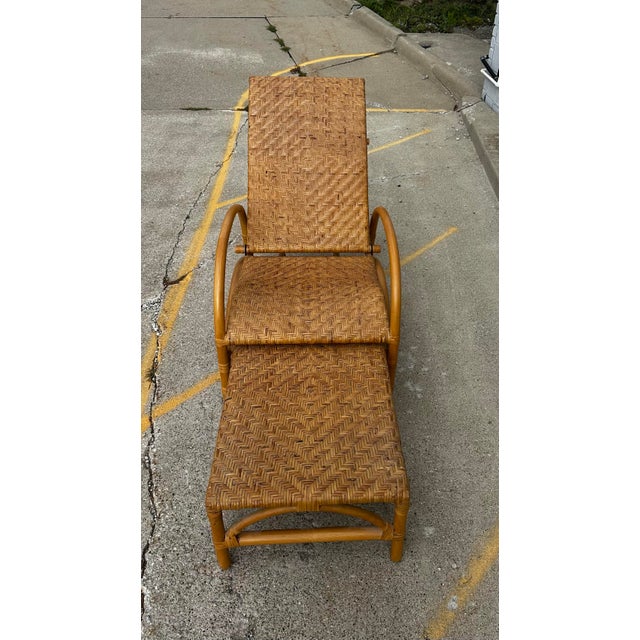 Wood Vintage Reclining Rattan Bamboo Chaise Lounge With Footrest For Sale - Image 7 of 12