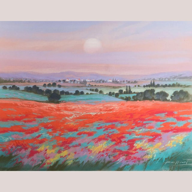 Sunset Over Poppy Fields Landscape, 1950s, Pastel For Sale - Image 7 of 7