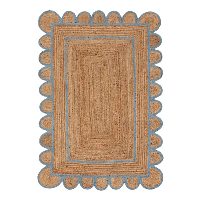 Light Blue Scallop Jute Hand Made Rug - 10'x14' For Sale