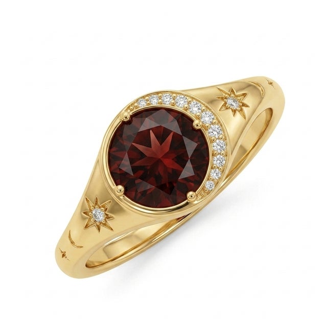 Contemporary Natural Garnet Celestial Ring • Moon.& Starburst Gemstone Signet Ring • Unique Garnet Engagement Ring • Us 7 For Sale - Image 3 of 3