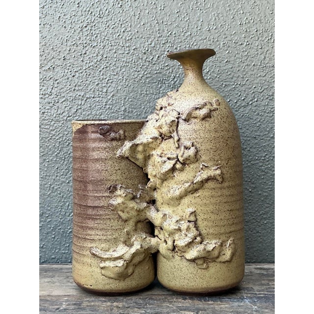 Tan Vintage Original Studio Pottery Vase For Sale - Image 8 of 12