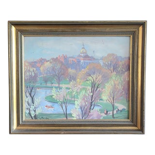 Lester George Hornby 1940's Oil Painting Boston Public Garden Cityscape For Sale