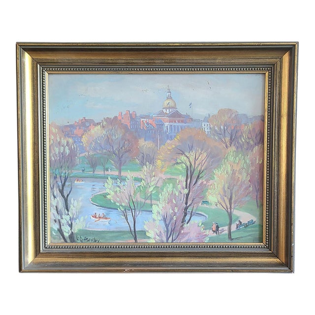 Lester George Hornby 1940's Oil Painting Boston Public Garden Cityscape For Sale