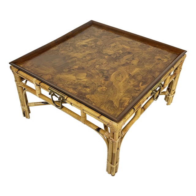C. 1970s Italian Oyster Burl and Wrapped Bamboo Coffee Table For Sale