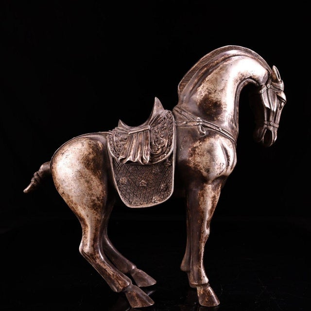 Metal Solid Copper Silvered Galloping Horse Statue (Zhaocai Ma) - Gilt Silver Bronze Horse Figurine With Ornate Saddle For Sale - Image 7 of 10