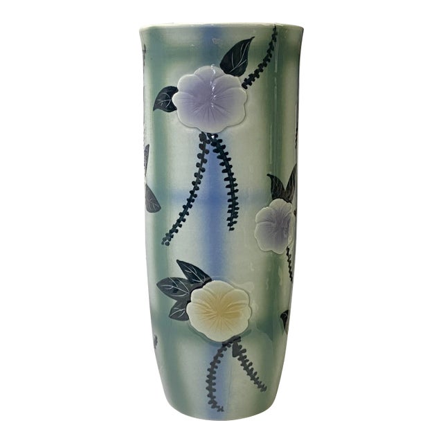 Artistic Flower Blue Green Checker Cross Porcelain Tall Slim Round Vase For Sale