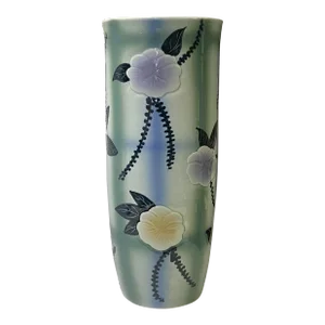 Artistic Flower Blue Green Checker Cross Porcelain Tall Slim Round Vase