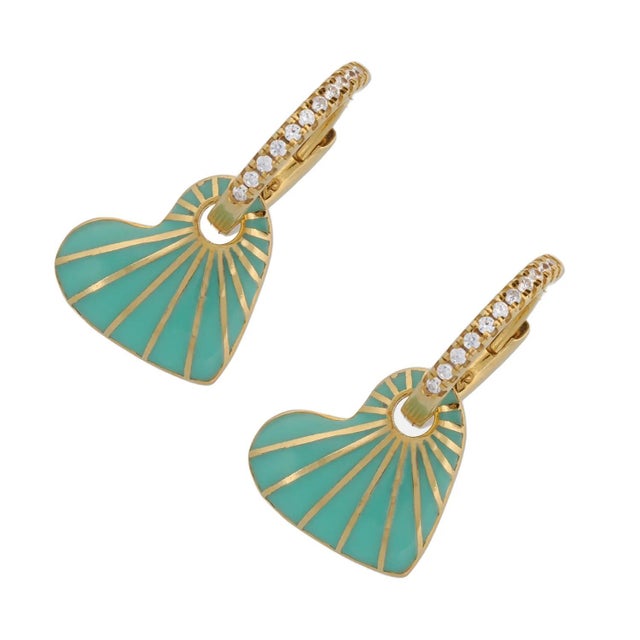 Modern Green Enamel Heart Diamond Hoop Gold Earrings, A Pair For Sale - Image 3 of 7