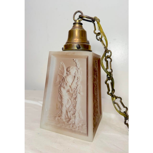 Art Deco Antique Art Deco Case Glass Fairy Brass Hanging Ceiling Chandelier Pendant Lamp For Sale - Image 3 of 15