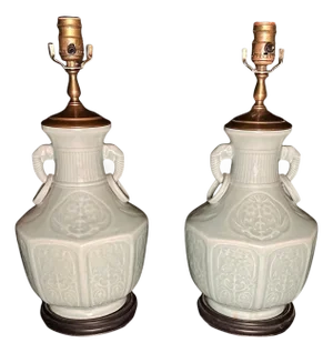 Pair Of Vintage Chinese Porcelain Celadon Vases As Lamps