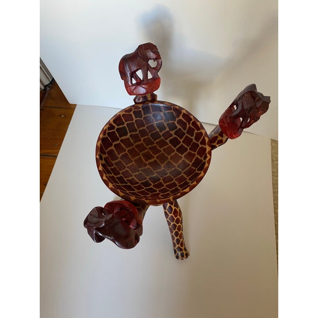 Vintage African Tribal Unity Sculpture Bowl Holder Handcarved Wooden Stand For Sale - Image 4 of 12