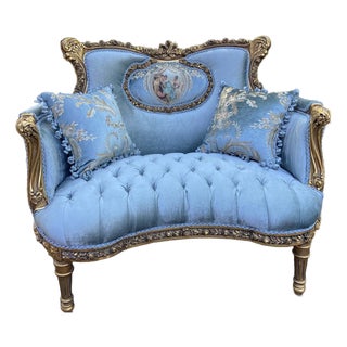 1920 French Louis XVI Gold Beech Blue Velvet Settee 1pc For Sale