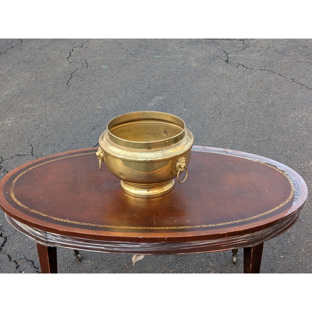 Metal Vintage Heavy Solid Brass Small Round Pedestal Planter With Lion Heads For Sale - Image 7 of 9
