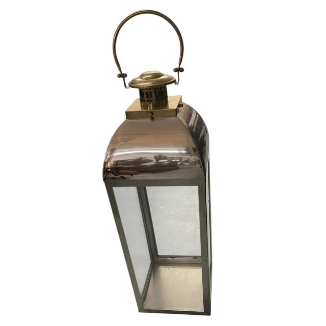 Mid-Century Modern Large Mid-Century Modern Polished Stainless Steel and Brass Floor Lantern For Sale - Image 3 of 12
