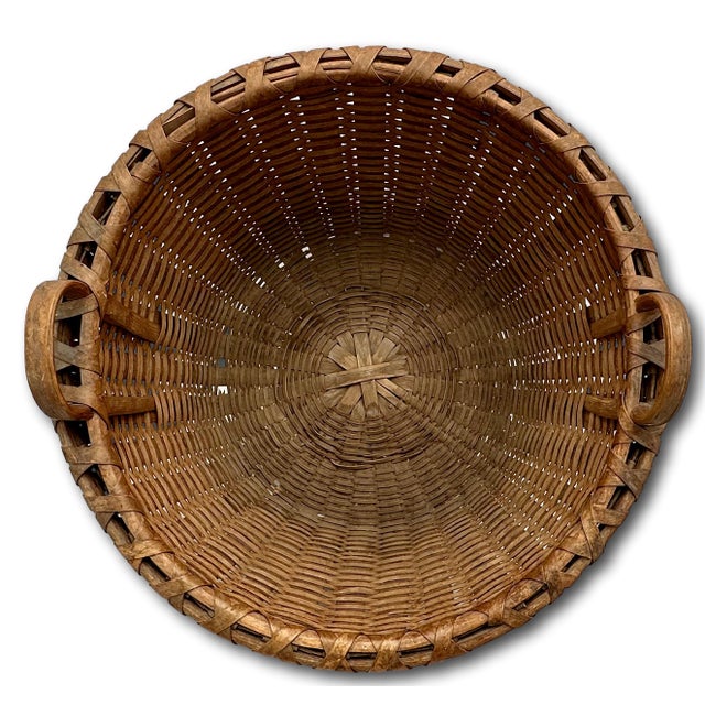 Sienna Outstanding Large Size Antique American Hand Woven Ash Wood Splint Maine Apple Farm Harvest Basket For Sale - Image 8 of 18