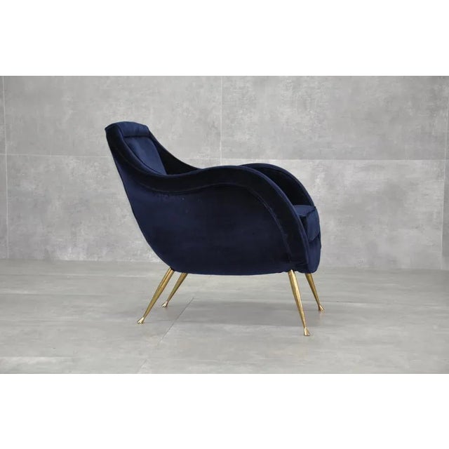 Velvet & Brass Armchair, 1950s For Sale - Image 4 of 12