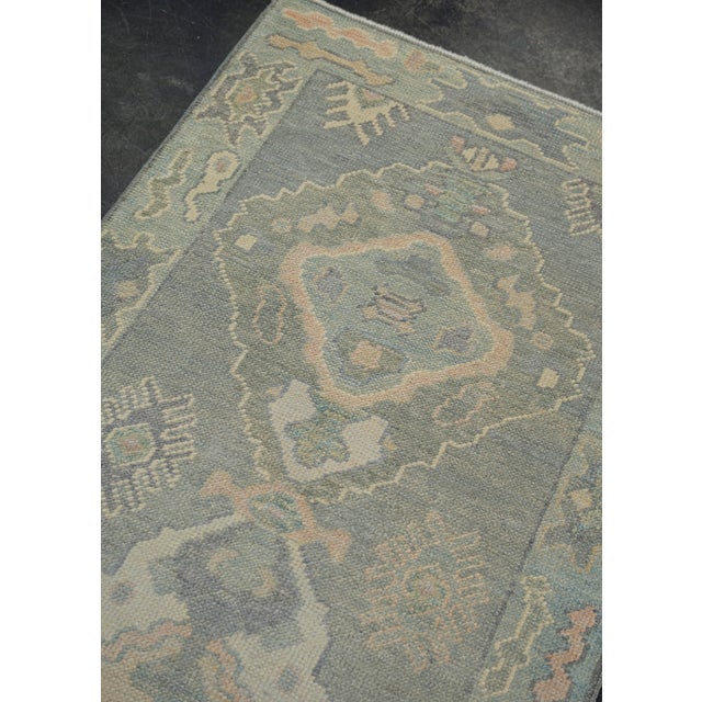 Turkish Oushak Rug Soft Blue & Green Geometric Handwoven Wool Rug 2'8" X 9'1" For Sale - Image 10 of 11