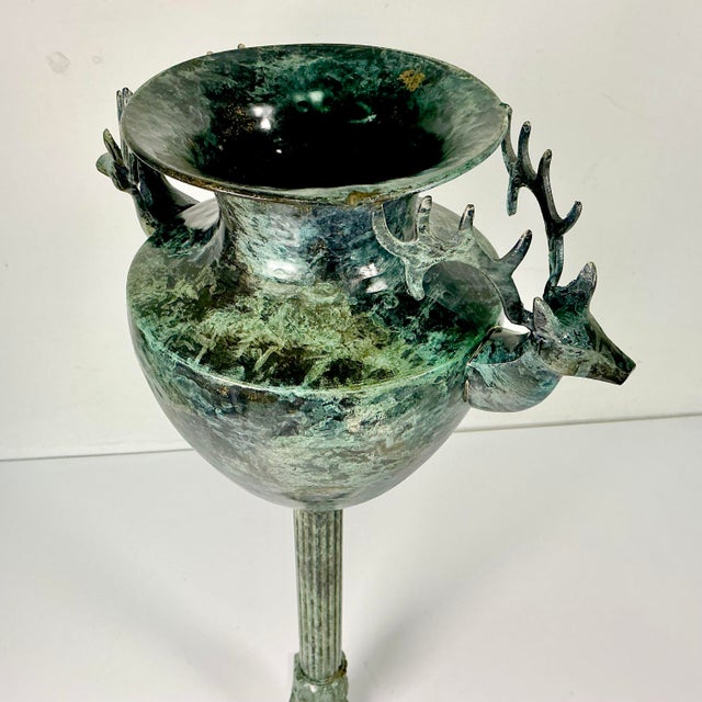 Verdigris 1970s Vintage Neoclassical English Stag Head Faux Verdigris Green Tole Pedestal Urn Vase. For Sale - Image 8 of 15