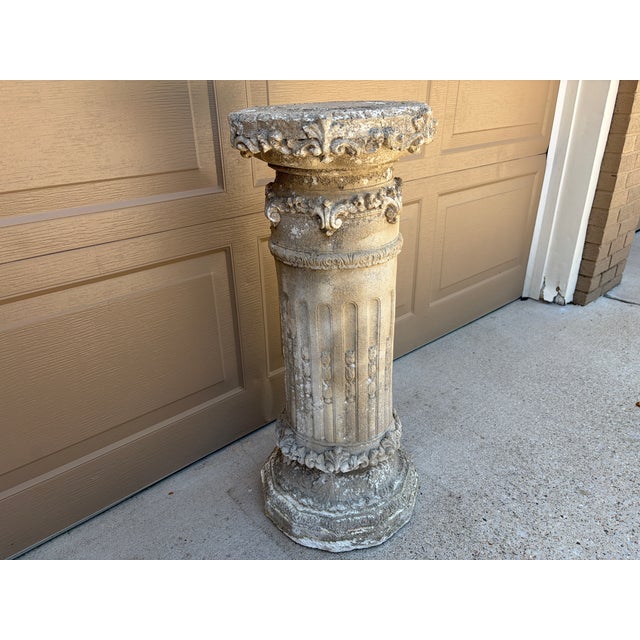 Weathered Neoclassical Cast-Concrete Garden Column Pedestal For Sale In South Bend - Image 6 of 11
