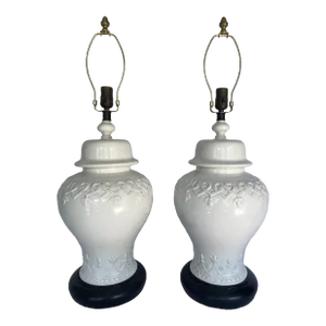 Large Chinoiserie Italian Ceramic Blanc De Chine Ginger Jar Lamps - a Pair
