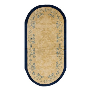 1920s Beige Foliate Medallion Antique Oval Chinese Peking Rug 3' X 5'9'' Wool Knotted Carpet For Sale