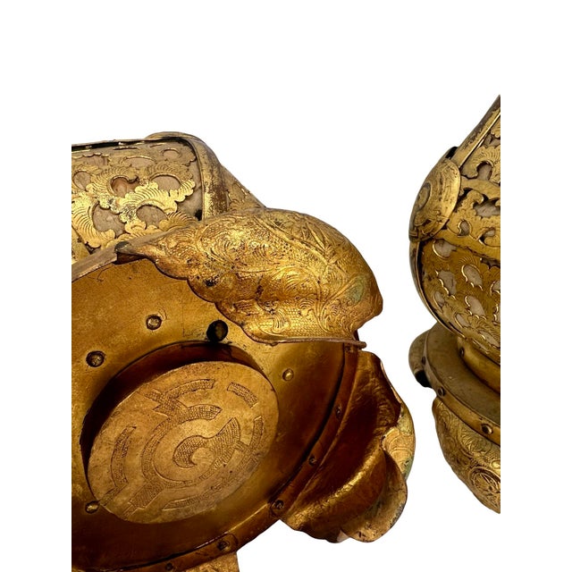 Pair, Meiji Period Japanese Gilt Bronze & Parchment Pierced Lanterns Hang or Table For Sale - Image 10 of 12
