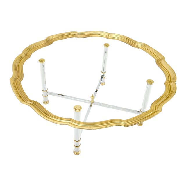 Glass Top Solid Brass Trim Cross Shape Base Chrome Base Round Coffee Table For Sale