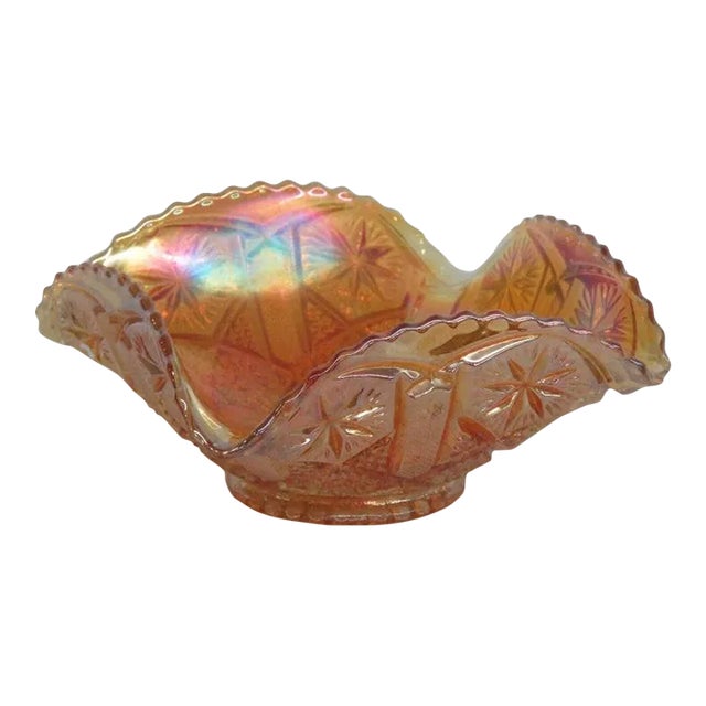 Imperial Star and File Marigold Carnival Glass Ruffled Sawtooth Bowl Dish For Sale