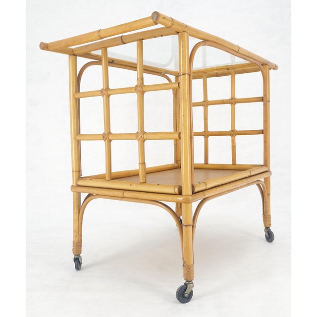 Fine Bamboo c1970s 2 Tier glass Top Serving Bar Cart on Wheels Mid Century MINT! For Sale - Image 10 of 18