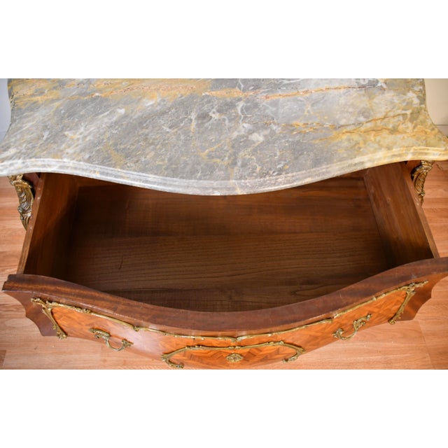 1930s French Louis XV Walnut & Marble Top Commode / Dresser / Chest of Drawers For Sale - Image 16 of 17