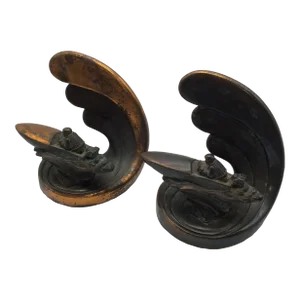Art Deco Vintage 1930s Art Deco Bookends by Dodge Inc Speed Boat With Wave Bronze Metal - a Pair