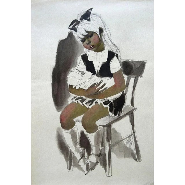 Gunars Vindedzis, A Girl with a Child, 1969, Ink & Watercolor on Paper For Sale - Image 4 of 4
