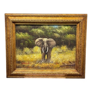 Canvas Featuring a Detailed Wildlife Portrait of an Elephant in Africa - Signed For Sale