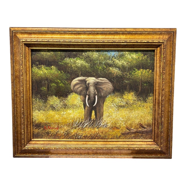 Canvas Featuring a Detailed Wildlife Portrait of an Elephant in Africa - Signed For Sale