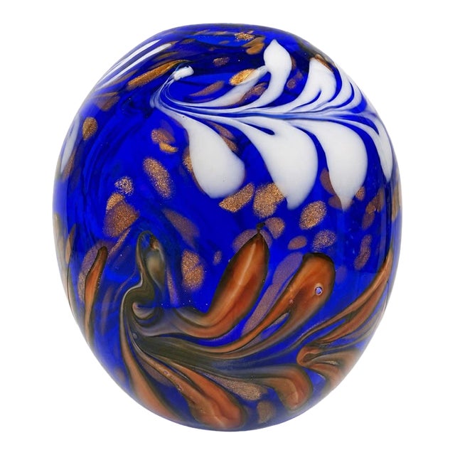 Mid 20th Century Cobalt Blue Art Glass Vase With Multicolor Swirls and Gold Sparkle, Murano Style For Sale