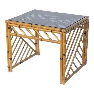 Vintage 1960s Bamboo Rattan Side Table With Smaoked Glass Top For Sale