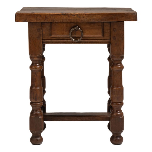 1970s French Chestnut Brown Oak Side Table with Single Drawer For Sale
