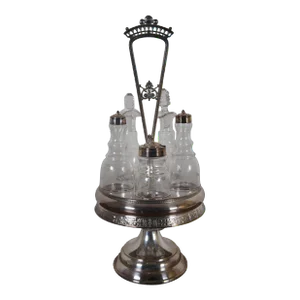 Antique Reed & Barton Silver Plate Etched Glass Cruet Condiment Caddy Set- 6 Pieces
