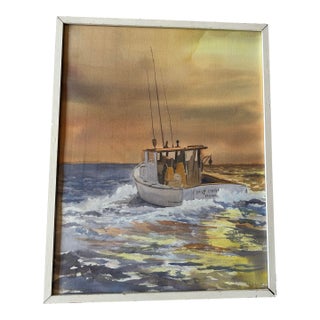 1970s Original Sailing Fishing at Sunset Watercolor Signed by Geo F Johnson, Framed For Sale