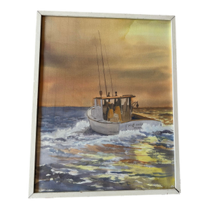 1970s Original Sailing Fishing at Sunset Watercolor Signed by Geo F Johnson, Framed