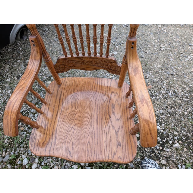 1980s Mid-Century Carved Oak Press Back Arm Chair For Sale - Image 5 of 11