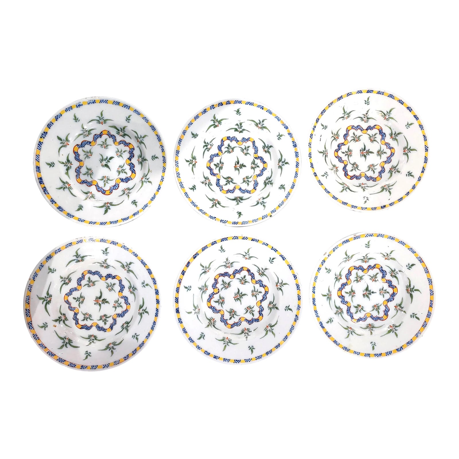 Dutch Delft Set of Six Dinner Plates With Plants and Ribbon | Chairish