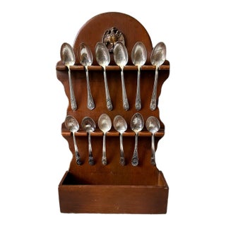 Vintage Federal Eagle Wood Spoon Rack W/12 Silver Plate Collectible President Spoons For Sale