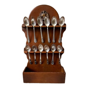 Vintage Federal Eagle Wood Spoon Rack W/12 Silver Plate Collectible President Spoons
