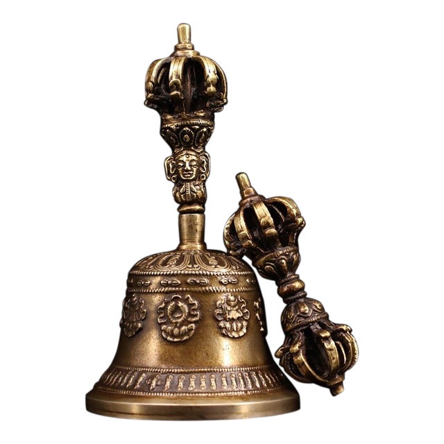 Late 19th Century Brass Vajra and Bell Set, Tibetan Ritual Objects, 708g For Sale