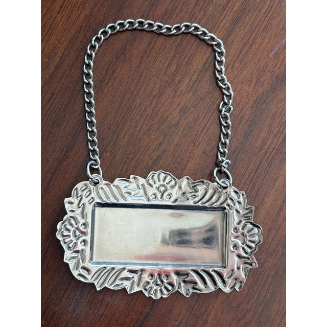 Mid 20th Century Ornate Silver-Tone “Tequila” Decanter Label With Chain For Sale - Image 4 of 6