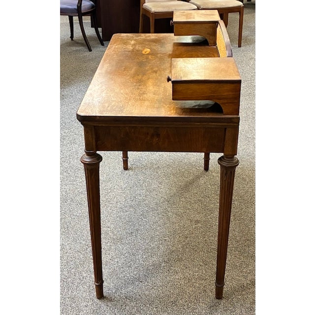 Brown Walnut Writing Desk With Drawers and Wicker Accents With Complimentary Matching Wooden Wicker Chair For Sale - Image 8 of 13